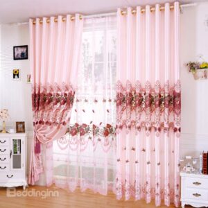 Elegant Pink Color Embroidery Custom Grommet Top Curtain