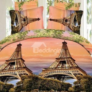 Eiffel Tower and Tree Print 4-Piece Polyester Duvet Cover Sets