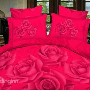 Romantic Red Rose Print 4-Piece Polyester Duvet Cover Sets