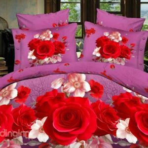 Vivid Red Rose Print 4-Piece Polyester Duvet Cover Sets