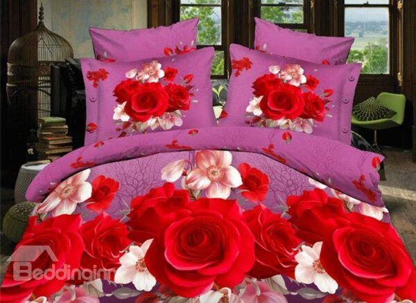 Vivid Red Rose Print 4-Piece Polyester Duvet Cover Sets