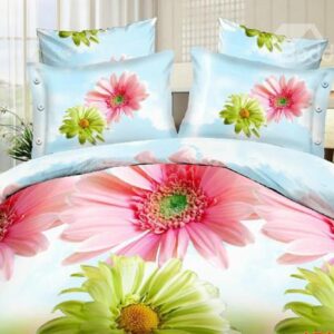 Pink and Green Daisy Flower Print 4-Piece Polyester Duvet Cover Sets