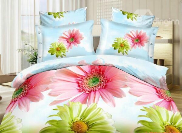 Pink and Green Daisy Flower Print 4-Piece Polyester Duvet Cover Sets