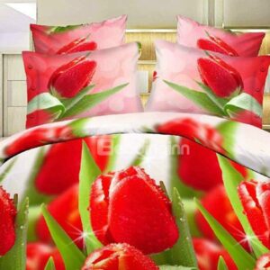 Shining Dewy Red Tulips Print 4-Piece Polyester Duvet Cover Sets