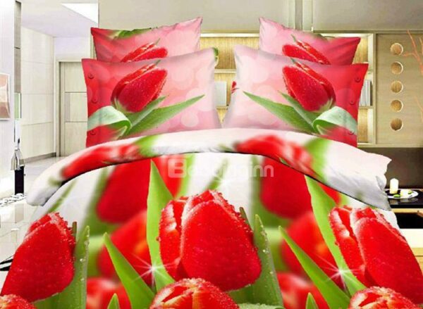 Shining Dewy Red Tulips Print 4-Piece Polyester Duvet Cover Sets