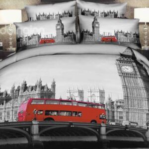 Nostalgic Big Ben and London Bridge Print 4-Piece Cotton Duvet Cover Sets