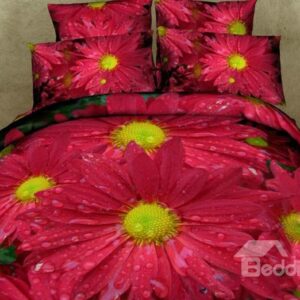 Dewy Red Daisy Print 4-Piece Cotton Duvet Cover Sets