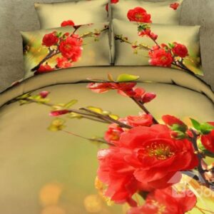 Red Peach Blossom Print 4-Piece Cotton Duvet Cover Sets
