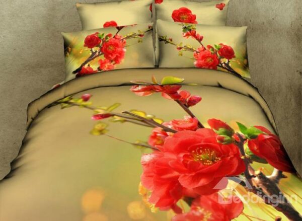 Red Peach Blossom Print 4-Piece Cotton Duvet Cover Sets