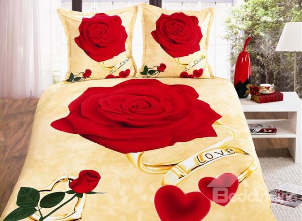 Rose and Ring Print 4-Piece Polyester Duvet Cover Sets