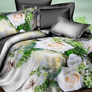 White Rose and Butterfly Print 4-Piece Polyester Duvet Cover Sets