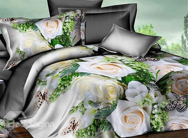 White Rose and Butterfly Print 4-Piece Polyester Duvet Cover Sets