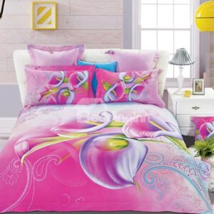 Fresh Pink Calla Lily Print 4-Piece Cotton Duvet Cover Sets
