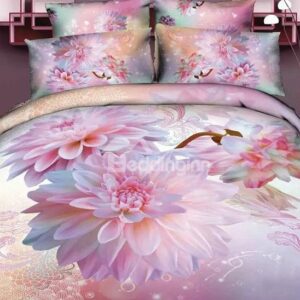 Exquisite Pink Chrysanthemum Print 4-Piece Cotton Duvet Cover Sets