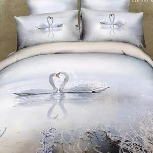 White Swan Couples Print 4-Piece Cotton Duvet Cover Sets