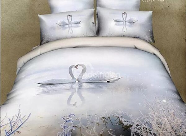White Swan Couples Print 4-Piece Cotton Duvet Cover Sets