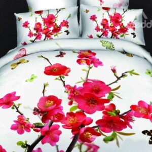 Brilliant Plum Blossom Print 4-Piece Cotton Duvet Cover Sets