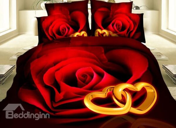 Wonderful Ring and Rose Print 4-Piece Polyester Duvet Cover Sets