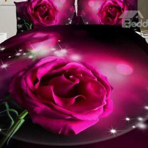 Shining Pink Rose Print 4-Piece Polyester Duvet Cover Sets