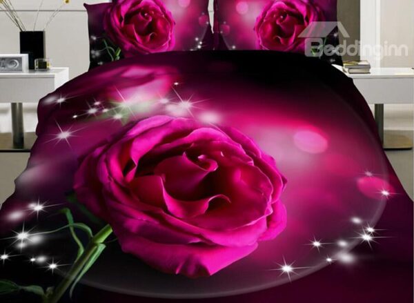 Shining Pink Rose Print 4-Piece Polyester Duvet Cover Sets