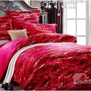 Fire Red Oil Painting 4-Piece Polyester Duvet Cover Sets