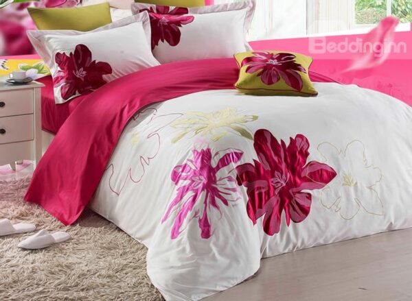 Red Flower Drawing Print 4-Piece Cotton Duvet Cover Sets