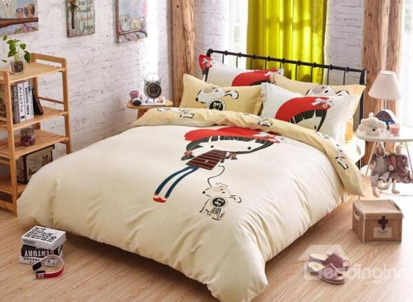 Little Girl and Dog Print 4-Piece Cotton Duvet Cover Sets