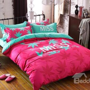 Pink Maple Leaves Print 4-Piece Cotton Duvet Cover Sets