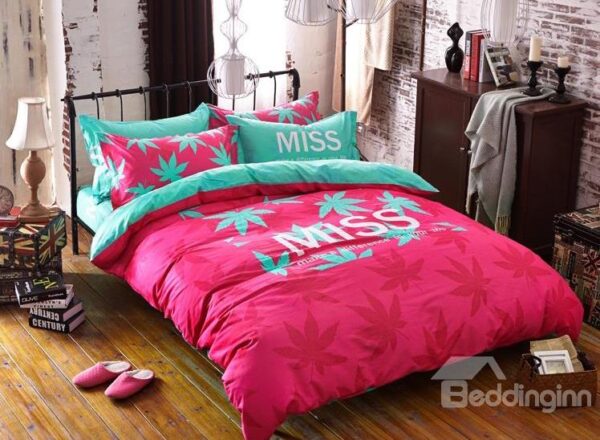 Pink Maple Leaves Print 4-Piece Cotton Duvet Cover Sets