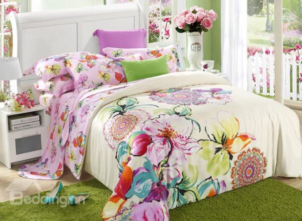 Abstract Flower Oil Painting Print 4-Piece Tencel Duvet Cover Sets