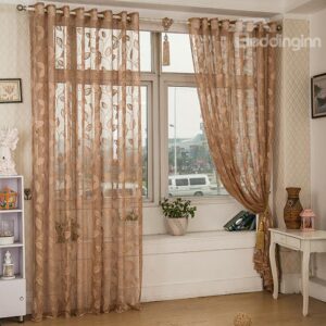 Light Coffee Elegant Leaves Stencil Jacquard Lace Sheer Curtain