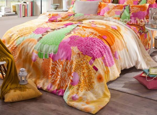 Spring Scenery and Pretty Girl Print 4-Piece Tencel Duvet Cover Sets