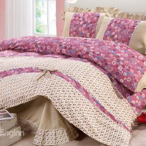 Flower and Polka Dot Print 4-Piece Organic Cotton Kids Duvet Cover Sets