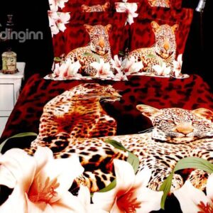 Leopard and Lily Flower Print 4-Piece Polyester Duvet Cover Sets