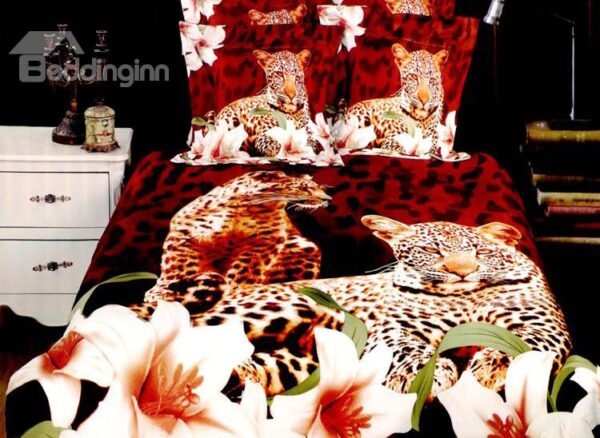 Leopard and Lily Flower Print 4-Piece Polyester Duvet Cover Sets