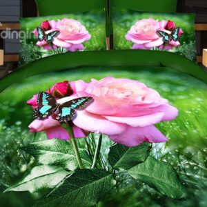 Charming Pink Rose and Butterfly 4-Piece Polyester Duvet Cover Sets