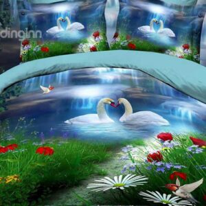 Swan and Waterfall Print 4-Piece Polyester Duvet Cover Sets
