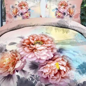 Peony Flower Print 4-Piece Polyester Duvet Cover Sets