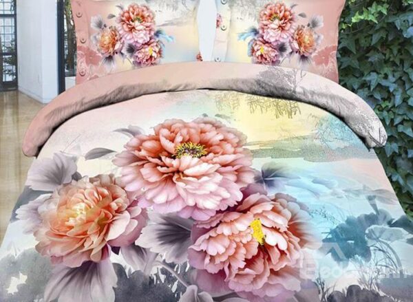 Peony Flower Print 4-Piece Polyester Duvet Cover Sets