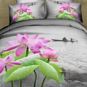 Vivid Water Lily Print 4-Piece Cotton Duvet Cover Sets