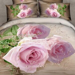 Exquisite Pink Rose and Water Print 4-Piece Cotton Duvet Cover Sets