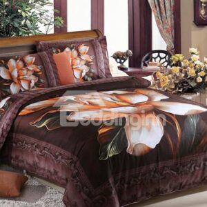 Luxury Big Flower with Border Print 4-Piece Cotton Duvet Cover Sets