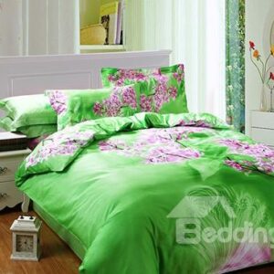 Pink Flower with Green Background 4-Piece Cotton Duvet Cover Sets