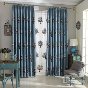 Modern Blue Tree Pattern High Shading Degree Pinch Pleat Curtain