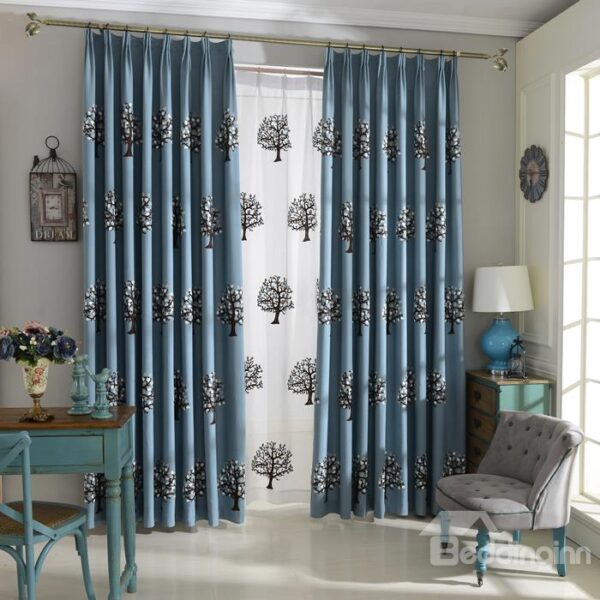 Modern Blue Tree Pattern High Shading Degree Pinch Pleat Curtain
