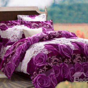 Elegant Purple Rose Print 4-Piece Cotton Duvet Cover Sets
