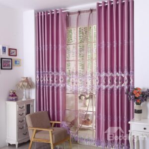 Purple Luxury Floral Embroidery Grommet Top Curtain