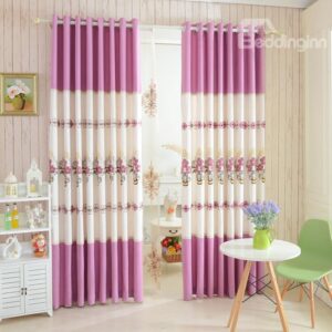 Beautiful Pink Floral Embroidery Polyester Cotton Grommet Top Curtain