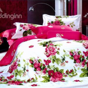 Red Peony With Green Leaves One Pair Pillowcases