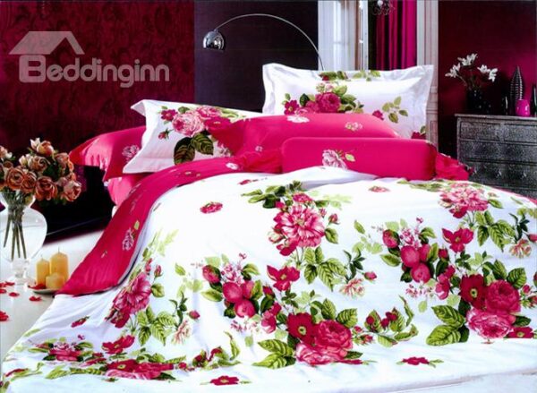 Red Peony With Green Leaves One Pair Pillowcases